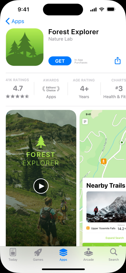 iPhone上のApp Storeプロダクトページで、ハイキングコースを紹介しているForest Explorerアプリの画面