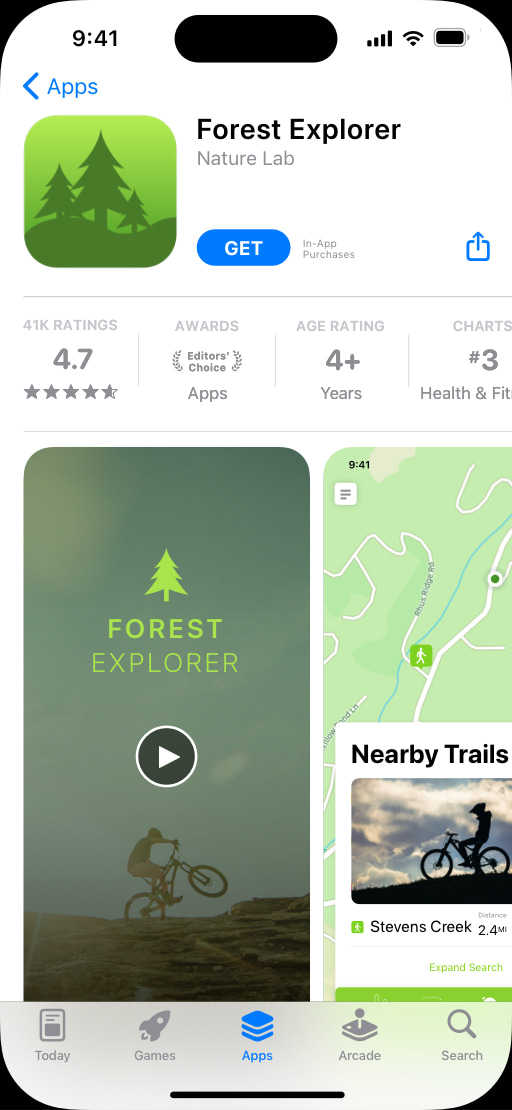 Forest Explorer 앱의 App Store 제품 페이지 중 자전거 코스 테마 버전을 표시하고 있는 iPhone