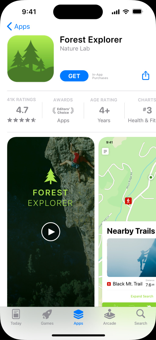 iPhone 上显示了 Forest Explorer App 的 App Store 产品页面，这个页面着重介绍攀岩路线