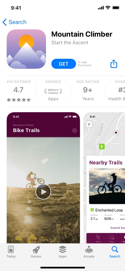 산악 자전거 코스를 보여 주는 Mountain Climber 앱의 App Store 제품 페이지가 표시되어 있는 iPhone