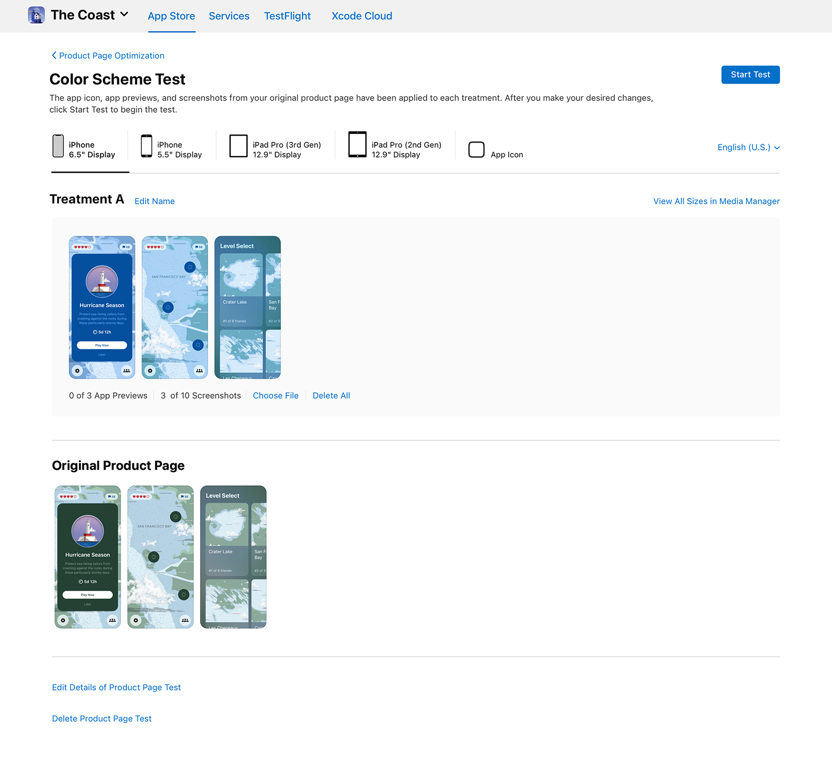 App Store Connect 产品页测试，对比了 The Coast App 采用不同配色的备选方案