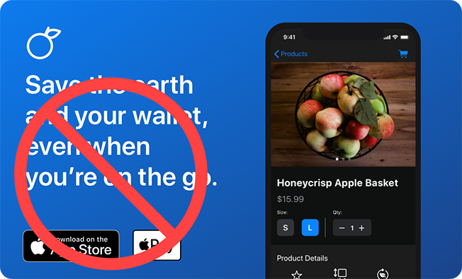 「Apple Pay」マークと「App Storeからダウンロード」バッジの使用が不適切な広告の例