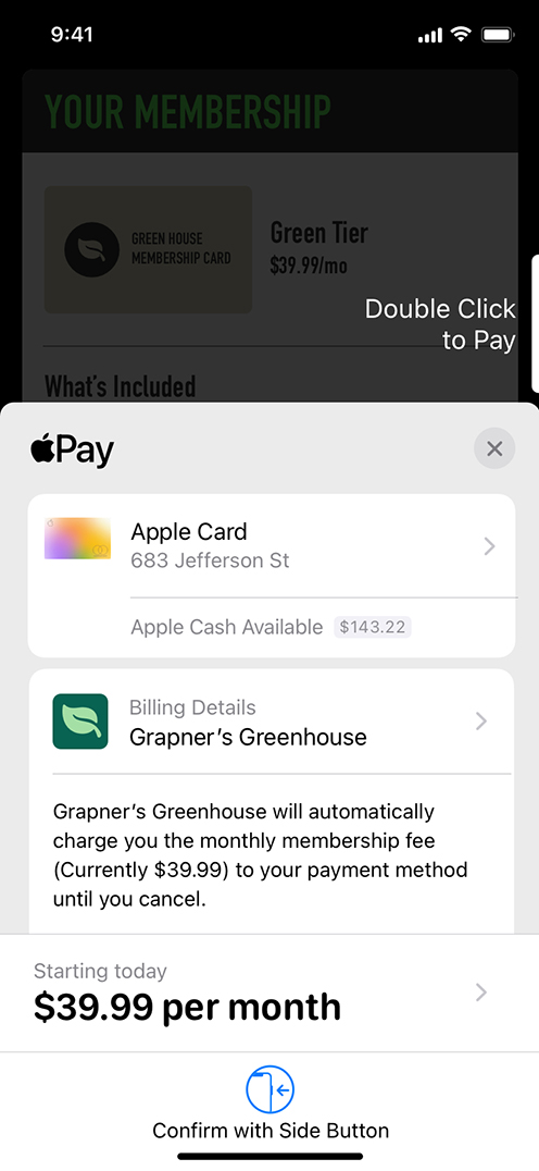월간 구독에 대한 Apple Pay 확인 화면이 표시된 iPhone.