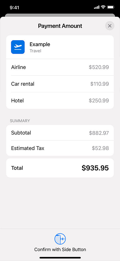 한 번의 결제로 렌터카, 호텔 및 기타 여행 경비를 지불하는 예가 표시된 iPhone.