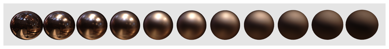 截屏显示了一排虚拟物体，它们的粗糙度值从 0 向 1 变化，其中 0 位于左侧。