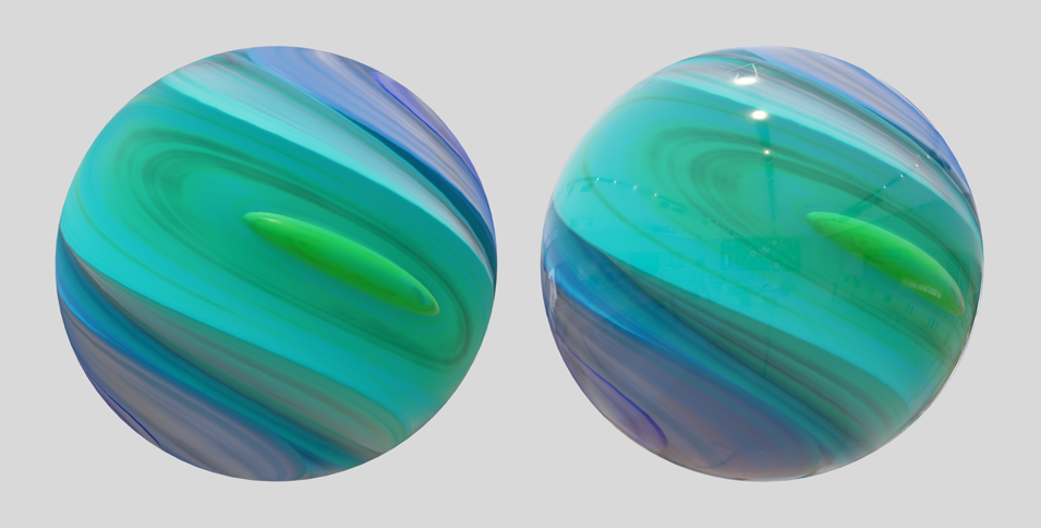 截屏显示了两个并排放置的弹珠，用来展现应用透明涂层的效果。右侧的弹珠图像更有光泽，并且顶部呈现了反射高光效果。