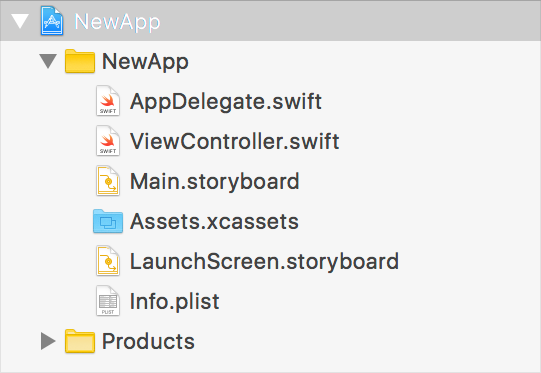 新单一视图 App 的模板包含 App 委托和视图控制器的源文件。此外还包含 Storyboard、素材目录和 Info.plist 文件。