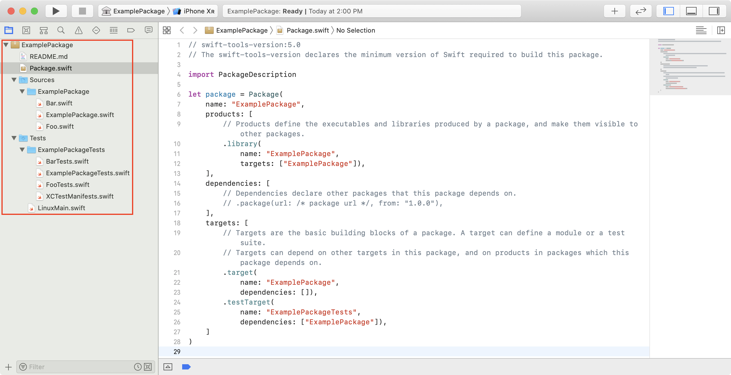 截屏中显示了一个独立的 Swift 软件包，其中已添加了两个源代码文件和两个单元测试文件。