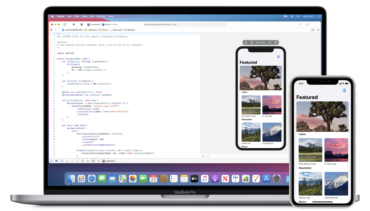 截屏显示了运行 Xcode 的 MacBook Pro，其中展示了带有预览的 SwiftUI，并显示了在 iPhone 设备上运行 App。