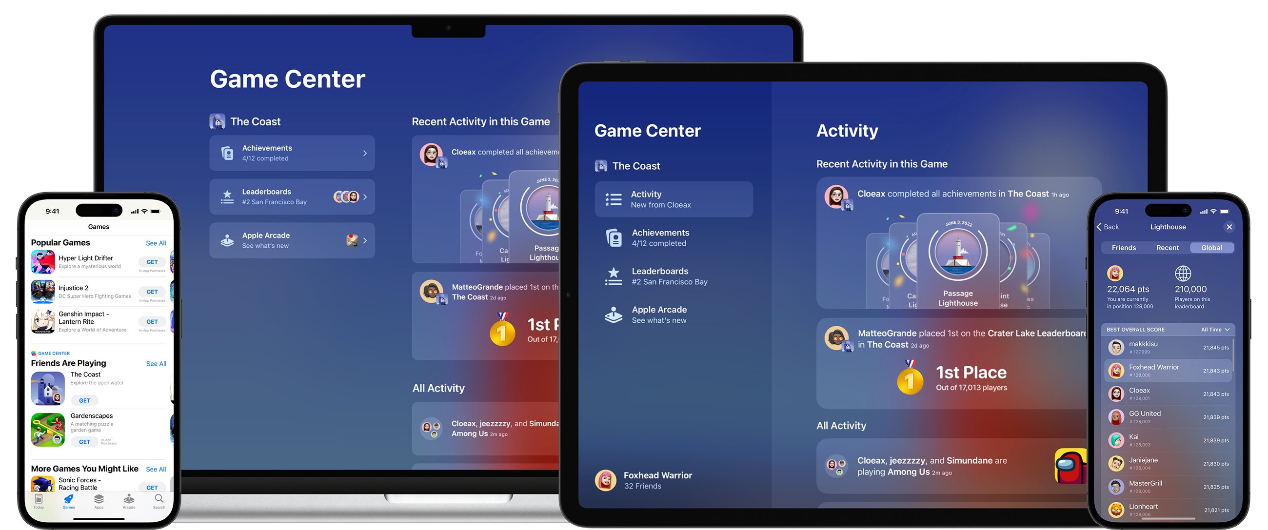 A lineup of a MacBook, an iPad, and iPhones, all opened to the Game Center Activity page.