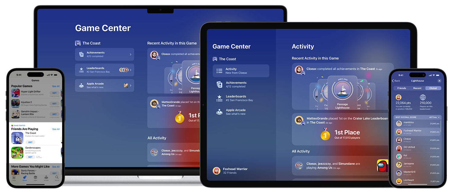 多个 iPhone 和 iPad 截屏的合成图像，显示了 App Store 和游戏中的 Game Center。