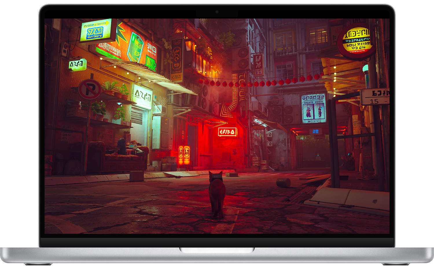 Macbook Pro 的截屏，屏幕上打开了视频游戏“Stray”