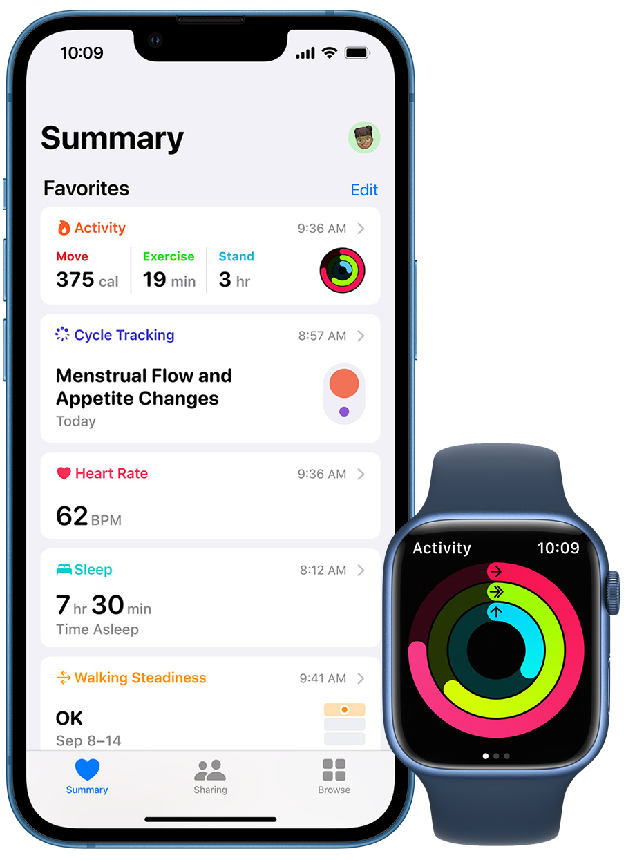 アクティビティのリングが表示されているApple Watchと、24時間のアクティビティの概要チャートが表示されているiPhone