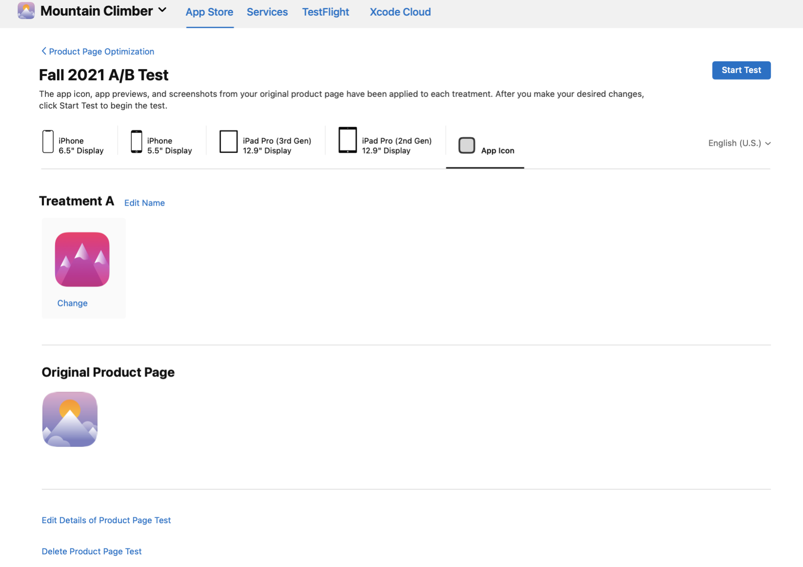 App Store Connect 将显示原始产品页和测试方案中的 App 图标。