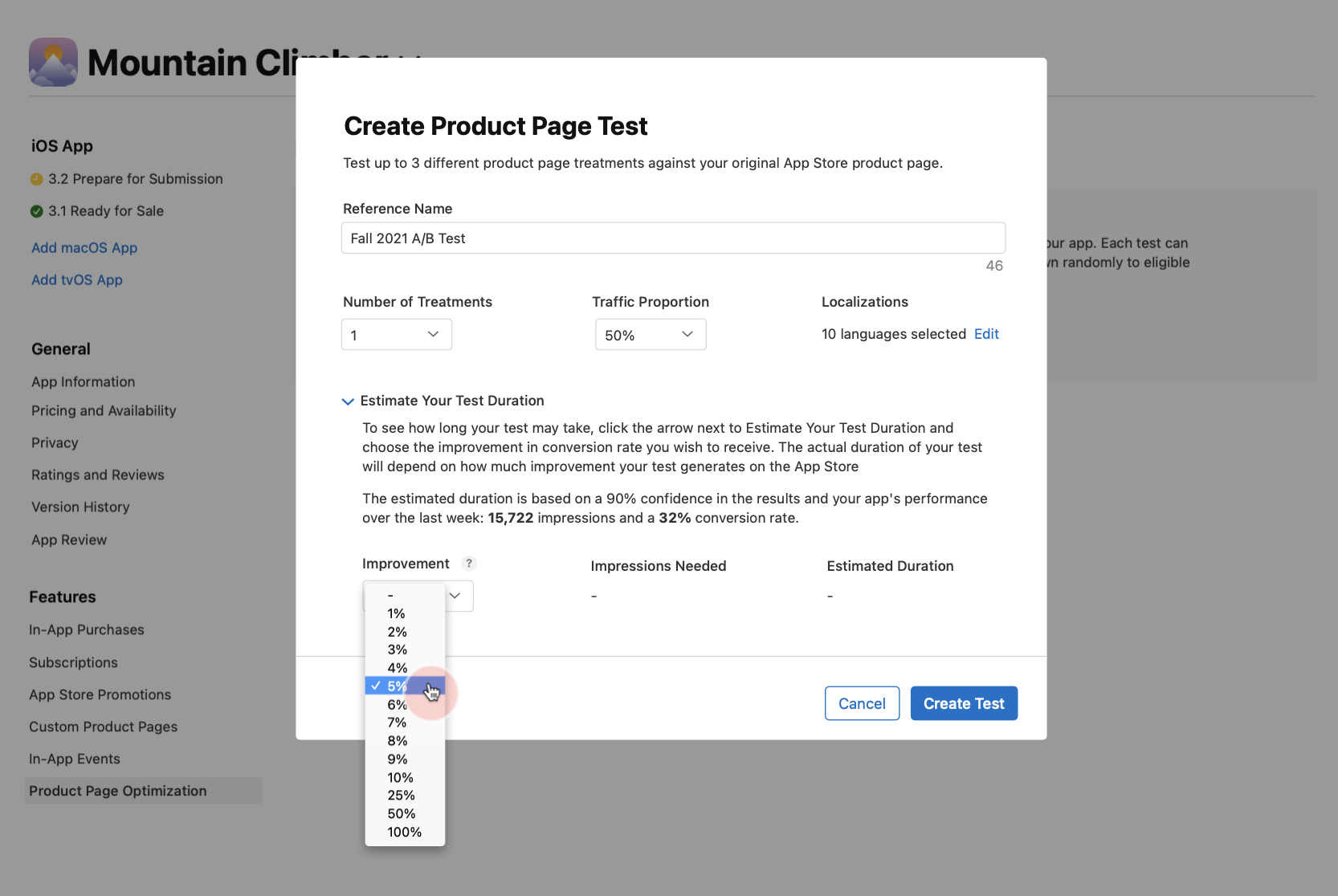 Select the desired performance improvement for your product page test.