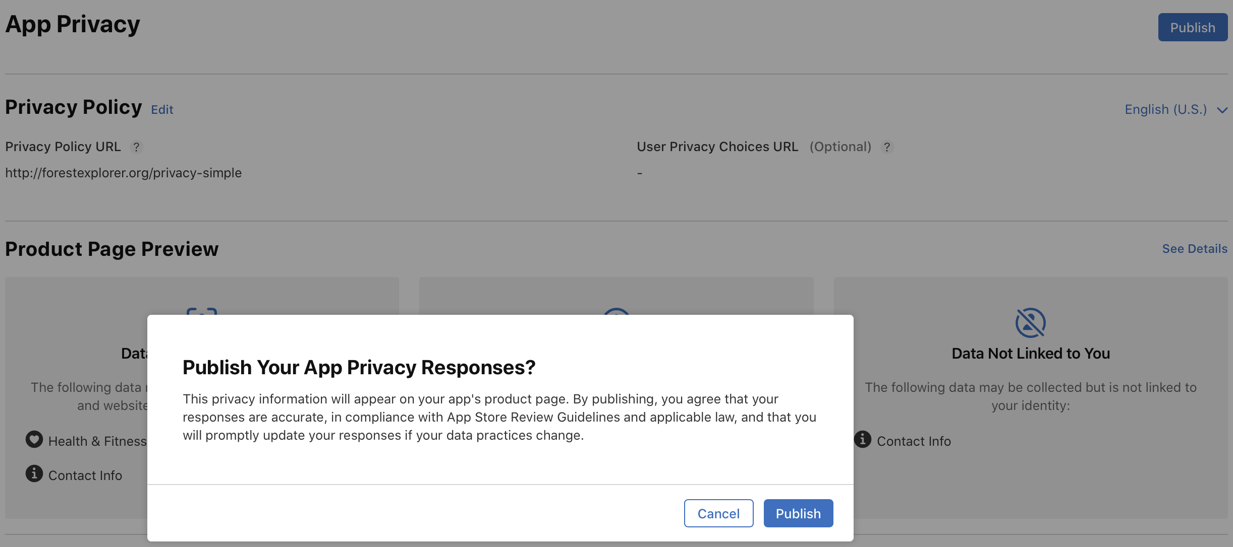 Publish Your App Privacy Response dialog on the App Privacy page.