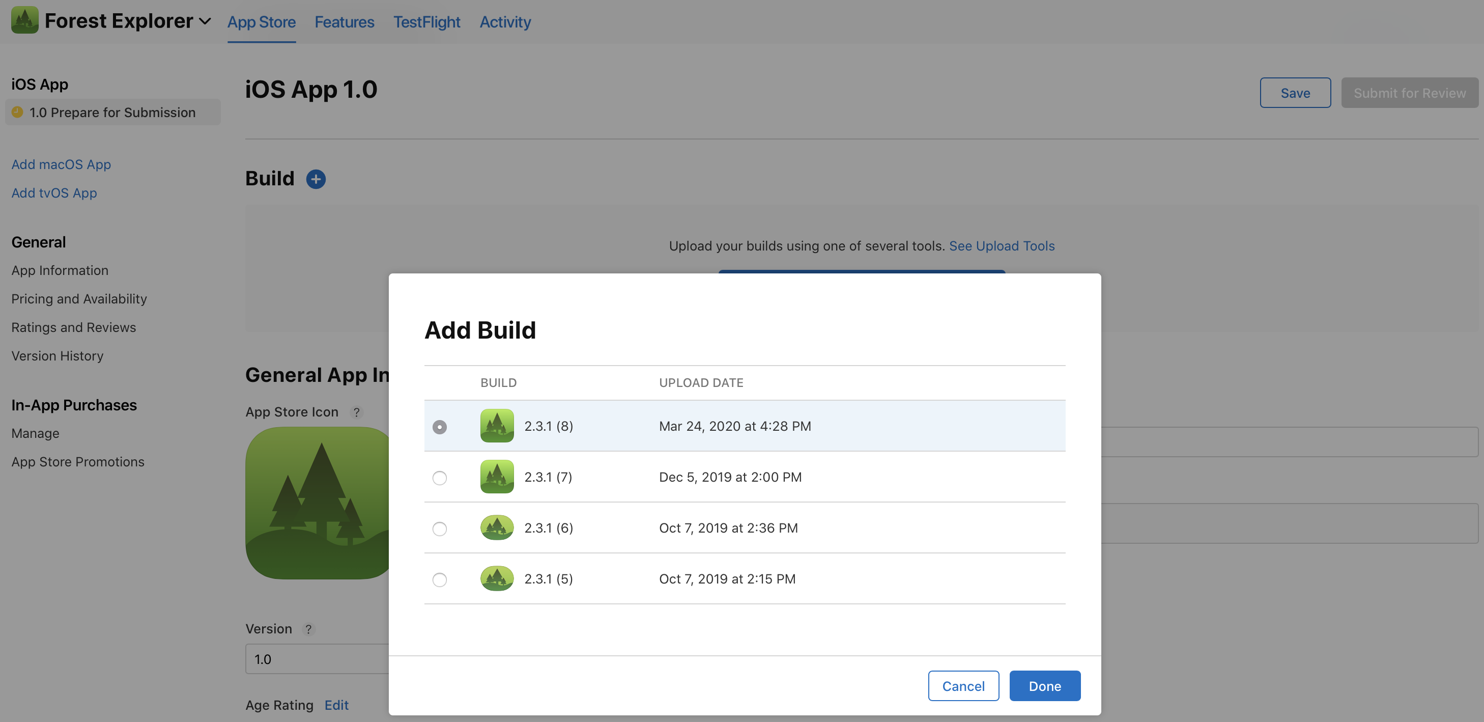 Add Build dialog on iOS platform detail page.