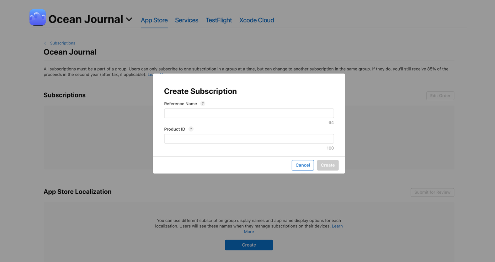 Create Subscription pop-up to name