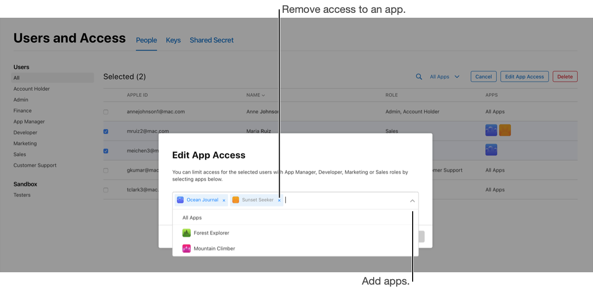 Edit App Access dialog on the User and Access main page.