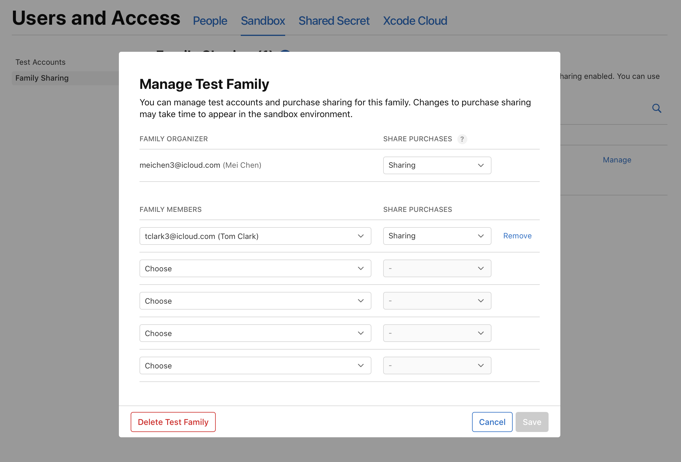 Family sharing page showing the 'manage test family' dialog, with 'Remove' link next to the first member.