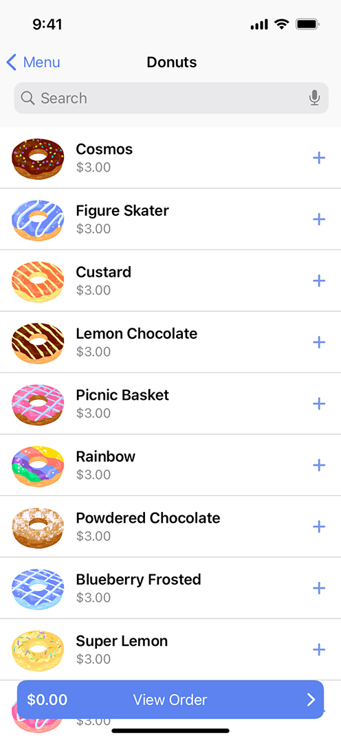 使用标准 UI 元素来构建视图的 iPhone Donut App