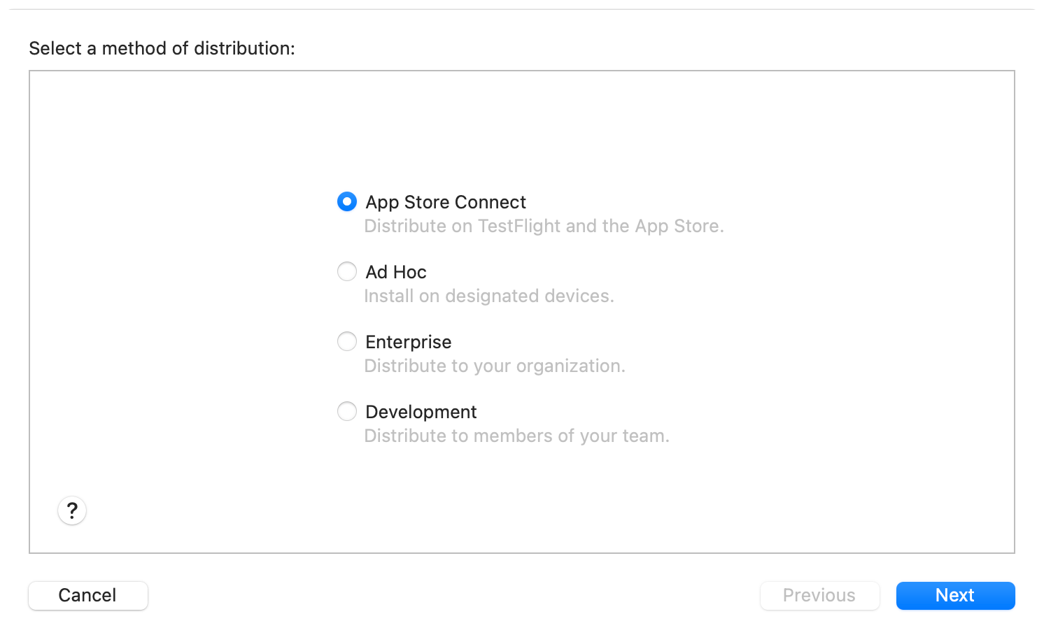 配信方法を選択するためのシートが表示されているスクリーンショット。「App Store Connect」が選択されている。