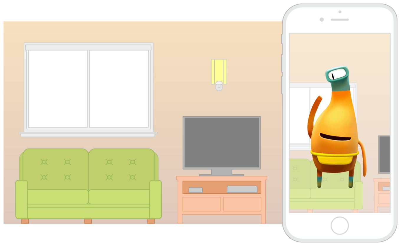 リアカメラを使ってAR体験を表示するアプリを実行しているiPhoneの図。物理的環境はソファーのある居間として描かれ、アプリに仮想のキャラクターが表示されている。