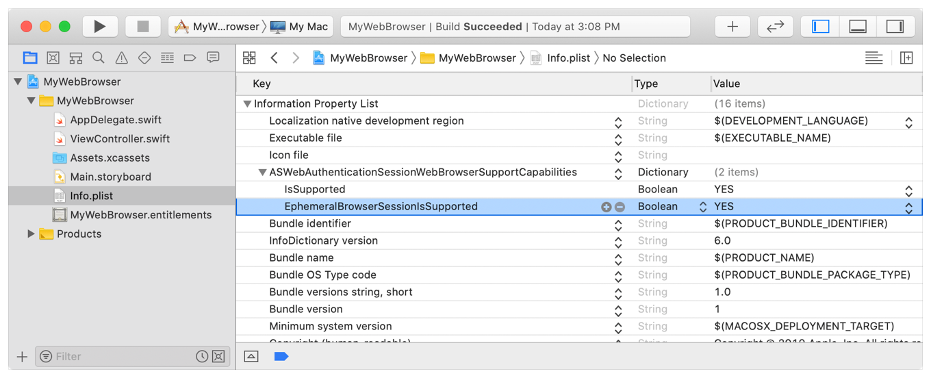 一時的なブラウザセッションサポートのキーを表示するXcodeのスクリーンショット。