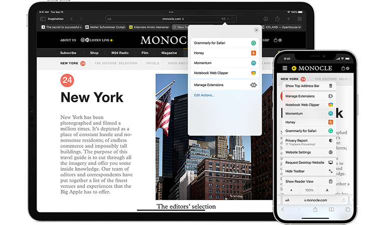iPad and iPhone displaying Safari Extensions