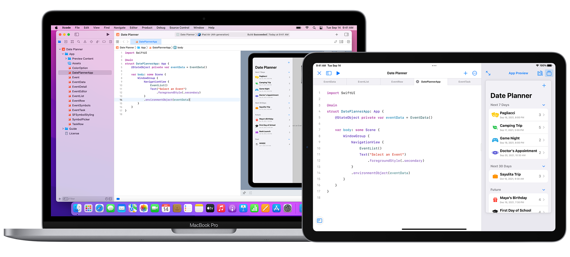 Mac 和 iPad 正在使用 Swift Playground 的跨设备共享代码功能。