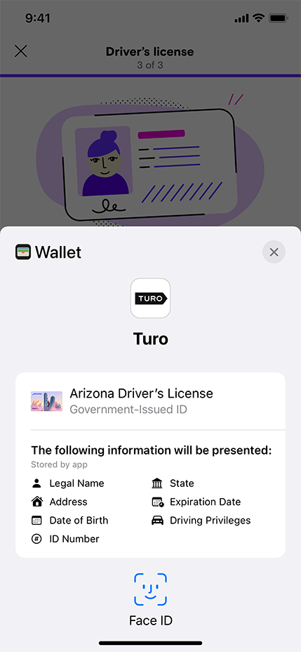一台 iPhone 的“钱包”中显示数字驾照的示例